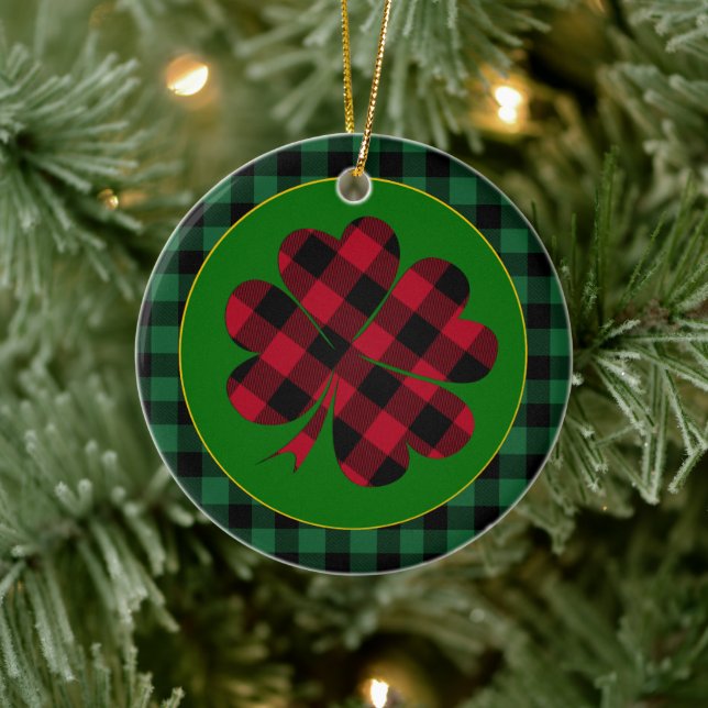 Green buffalo plaid Shamrock, Lucky Clover Charm Ceramic Tree Decoration (Tree)