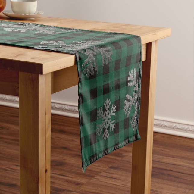 Green Buffalo Plaid Silver Glitter Snowflakes Short Table Runner (In Situ)