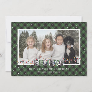 Green Buffalo Plaid Snow Believe Photo Holiday Card