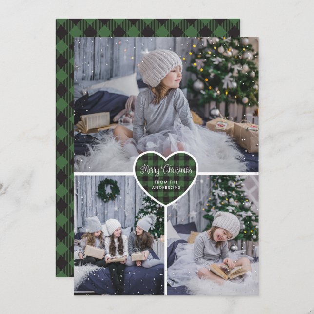 Green Buffalo Plaid Snow Photo Christmas Cards (Front/Back)