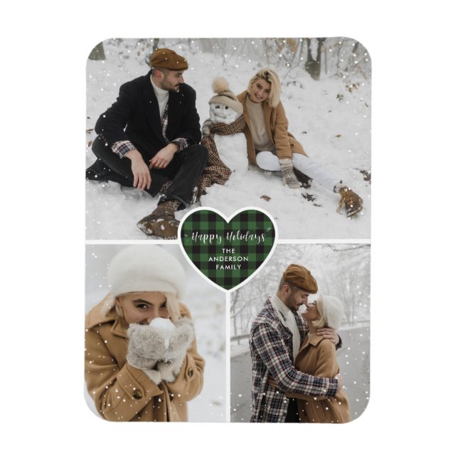 Green Buffalo Plaid Snow Photo Holiday Magnet (Vertical)