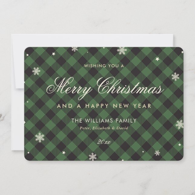 Green Buffalo Plaid Snowflake Holiday Card (Front)