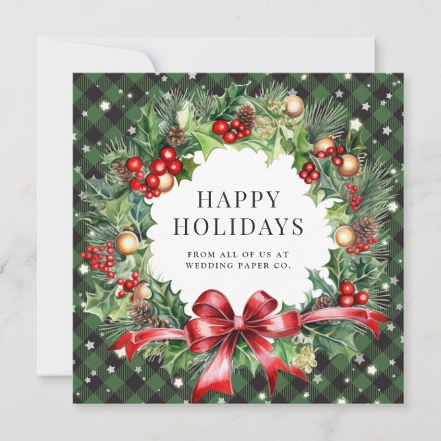 Green Buffalo Plaid Stars Berries Holly Business Holiday Card (Front)