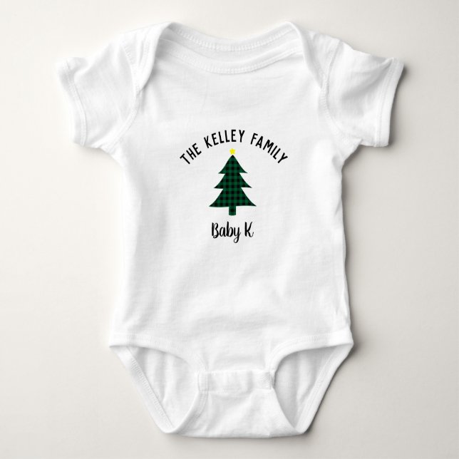 Green Buffalo Plaid Tree, Baby Holiday Family Baby Bodysuit (Front)