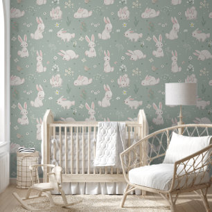 Green Bunny Rabbits Wall Covering