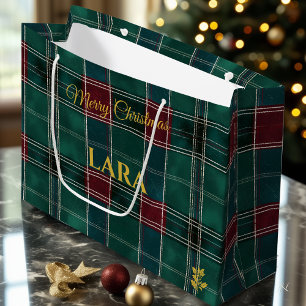 Green, Burgundy, and Black Classic Plaid Christmas Large Gift Bag