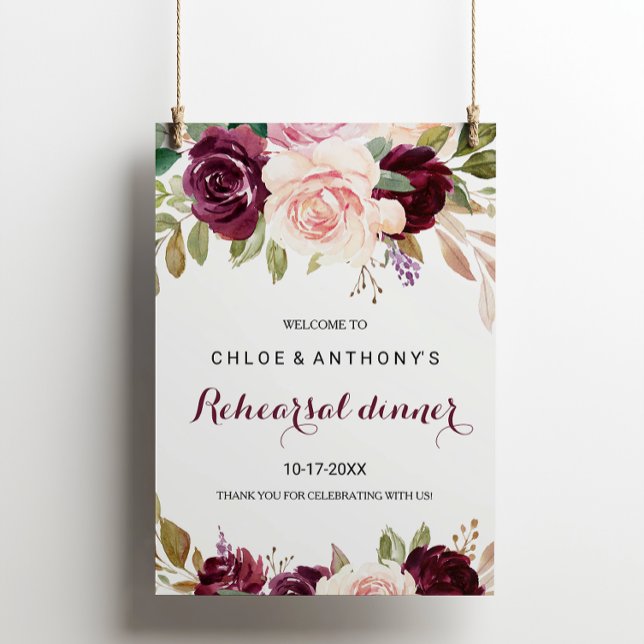 Green Burgundy Floral Rehearsal dinner Welcome Poster (Creator Uploaded)