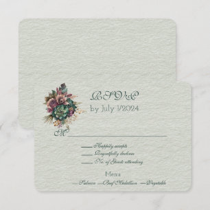 Green Burgundy Floral Wedding Bouquet RSVP Card