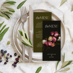 Green Burgundy Moody Floral Elegant Wedding Menu