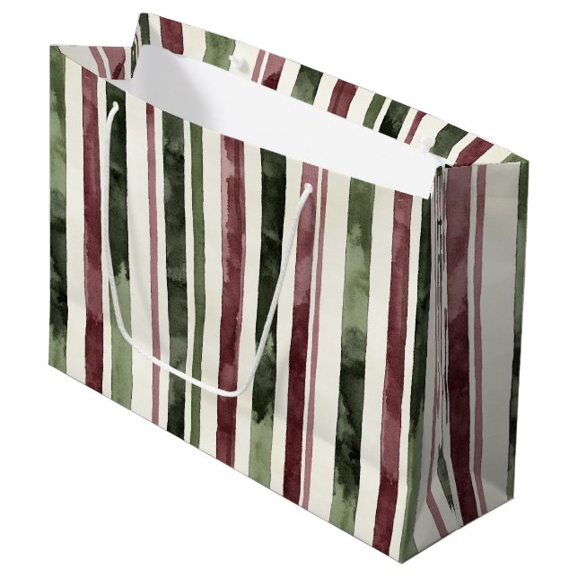 Green Burgundy Stripes Christmas Large Gift Bag (Front Angled)