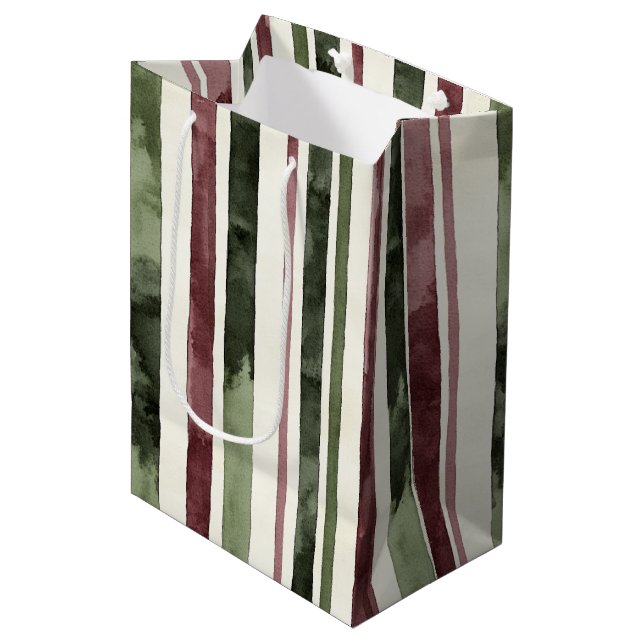 Green Burgundy Stripes Christmas Medium Gift Bag (Front Angled)