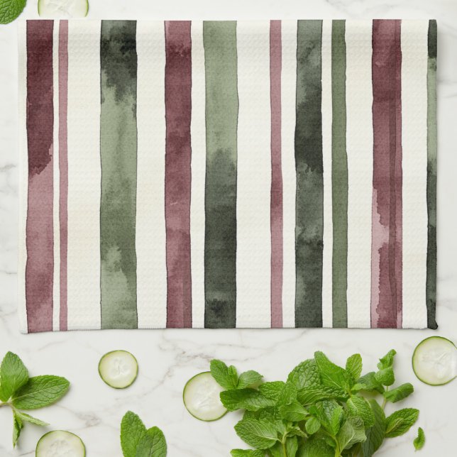 Green Burgundy Stripes Christmas Tea Towel (Folded)