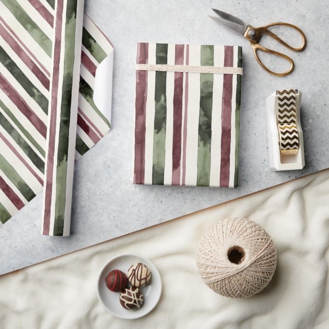 Green Burgundy Stripes Christmas Wrapping Paper (Crafts)