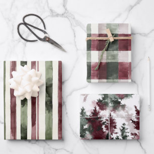 Green Burgundy Stripes Christmas Wrapping Paper Sheet