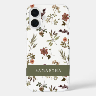 Green Burgundy Wildflower Monogram Name iPhone 16 Case
