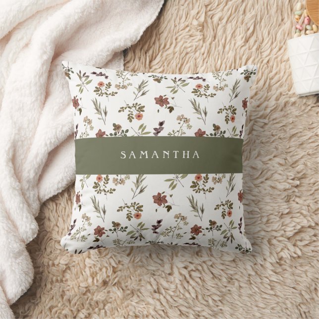 Green Burgundy Wildflower Monogram Name Cushion (Blanket)