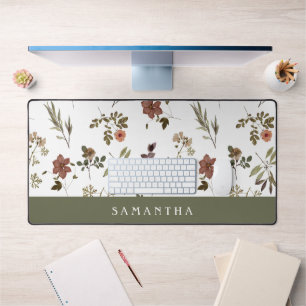 Green Burgundy Wildflower Monogram Name Desk Mat