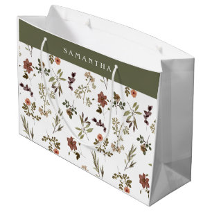 Green Burgundy Wildflower Monogram Name Large Gift Bag