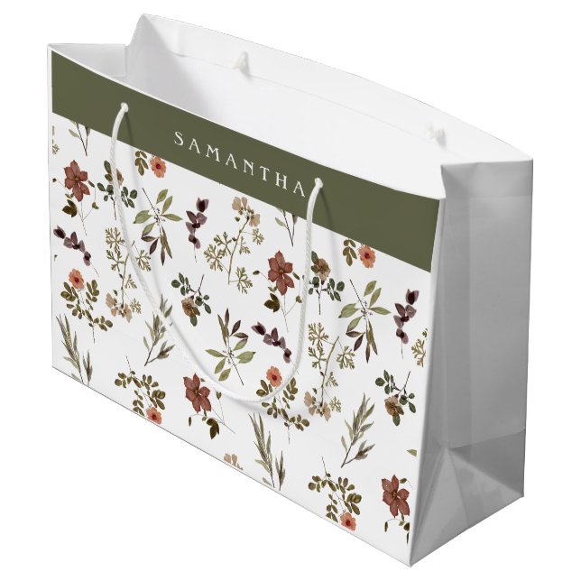 Green Burgundy Wildflower Monogram Name Large Gift Bag (Back Angled)