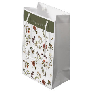 Green Burgundy Wildflower Monogram Name Small Gift Bag