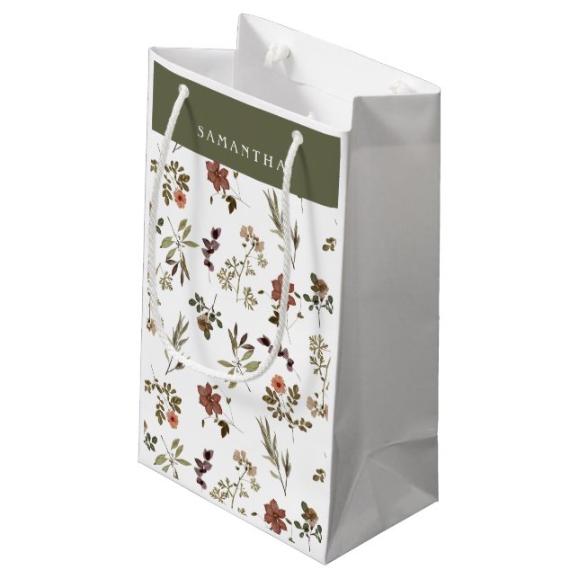 Green Burgundy Wildflower Monogram Name Small Gift Bag (Back Angled)