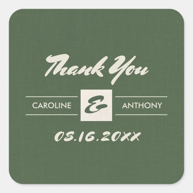 Green Burlap Texture Wedding Thank You  Square Sticker (Front)