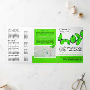 Green Butterflies, Beauty Salon Tri-Fold Flyer Invitation