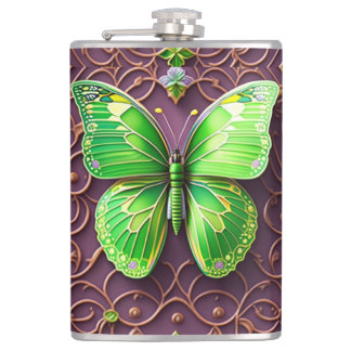 Green Butterfly 3D Optics Hip Flask