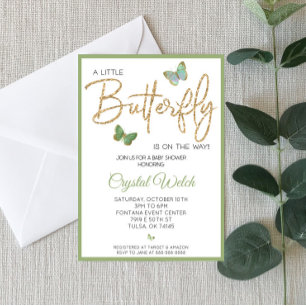 Green Butterfly and Glitter Baby Shower Invitation