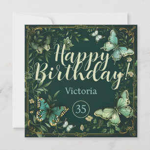 Green butterfly and plants garden design card