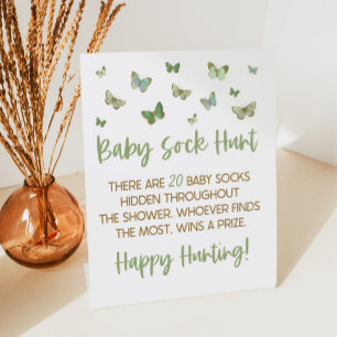 Green Butterfly Baby Sock Hunt Baby Shower Game Pedestal Sign