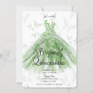 Green Butterfly Dance Dress Quinceañera Party Invitation