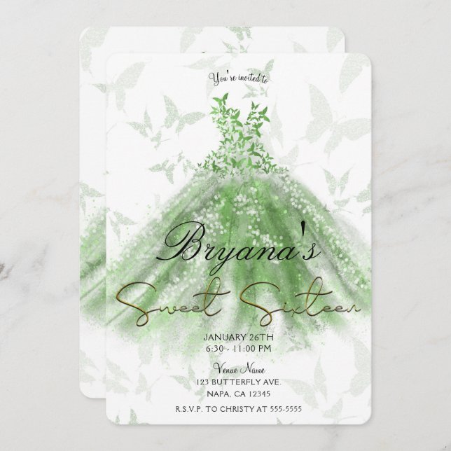 Green Butterfly Dance Dress Sweet 16 Party  Invitation (Front/Back)
