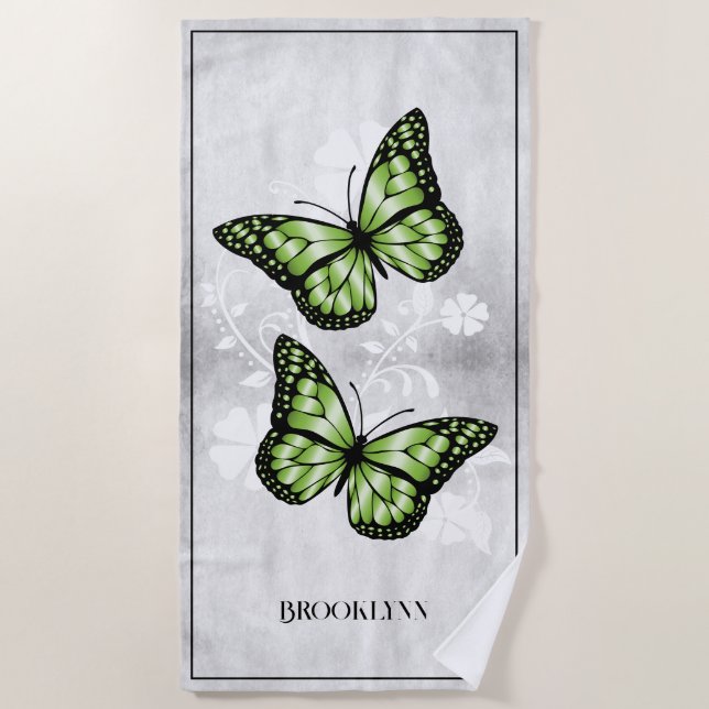 Green Butterfly Floral Beach Towel (Front)