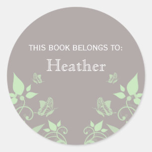 Green Butterfly Floral Bookplate Stickers