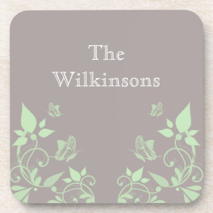 Green Butterfly Floral Coaster Set