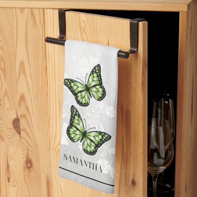 Green Butterfly Floral Kitchen Towel (Thirds Fold)