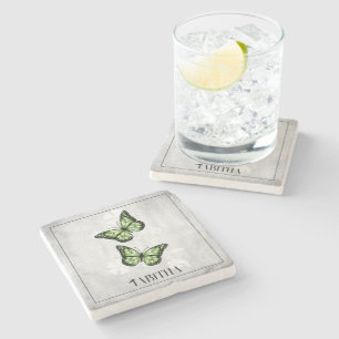 Green Butterfly Floral Personalised Stone Coaster