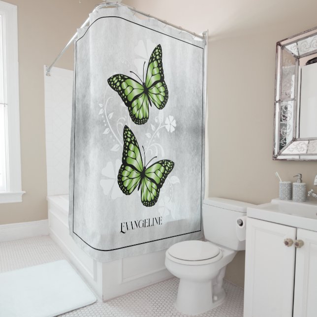 Green Butterfly Floral Shower Curtain (In Situ)