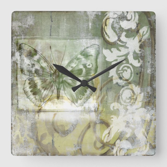 Green Butterfly Inset with Ironwork Gate Square Wall Clock (Front)