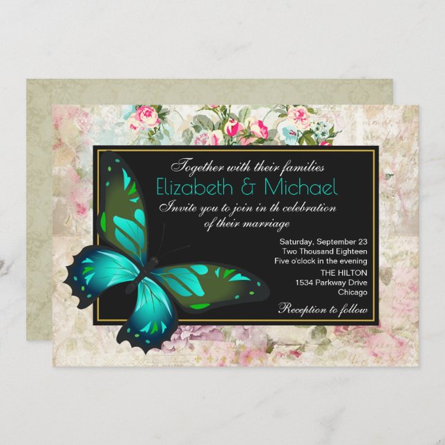 Green Butterfly on a Vintage Collage Wedding Invitation (Front/Back)