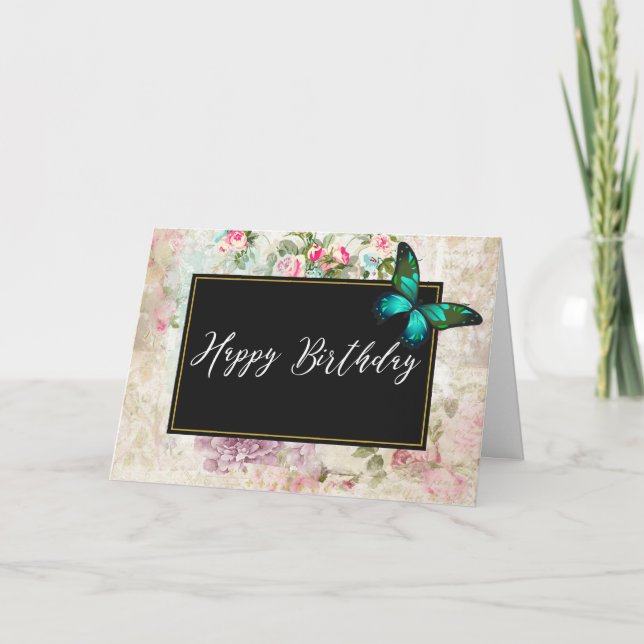 Green Butterfly on Chic Vintage Collage Birthday Card (Front)