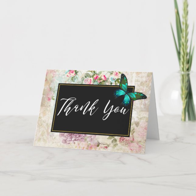 Green Butterfly on Chic Vintage Collage Thank You (Front)