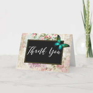 Green Butterfly on Chic Vintage Collage Thank You Card