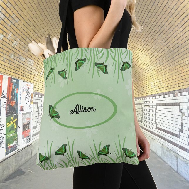 Green butterfly on light green  - customisable  tote bag (Creator Uploaded)