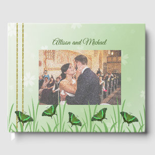 Green butterfly on light green - wedding guest book