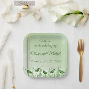 Green butterfly on light green - wedding   paper plate