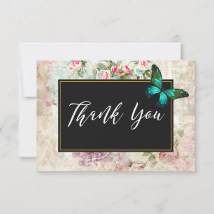 Green Butterfly on Pink Roses Collage Thank You Card