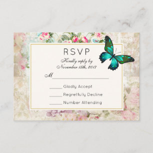 Green Butterfly on Vintage Collage Wedding RSVP Card