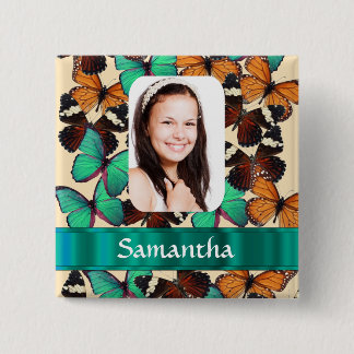 Green butterfly pattern photo template 15 cm square badge